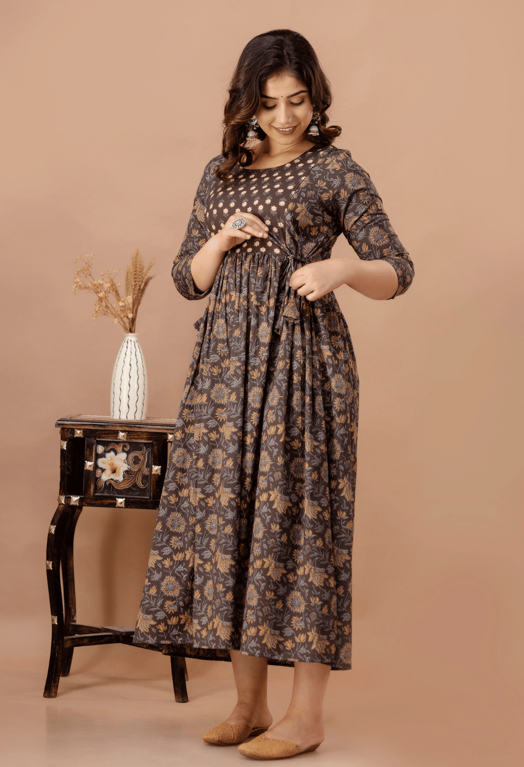 Coffee Brown Floral Printed Viscose Rayon Maternity & Feeding Maxi Dress