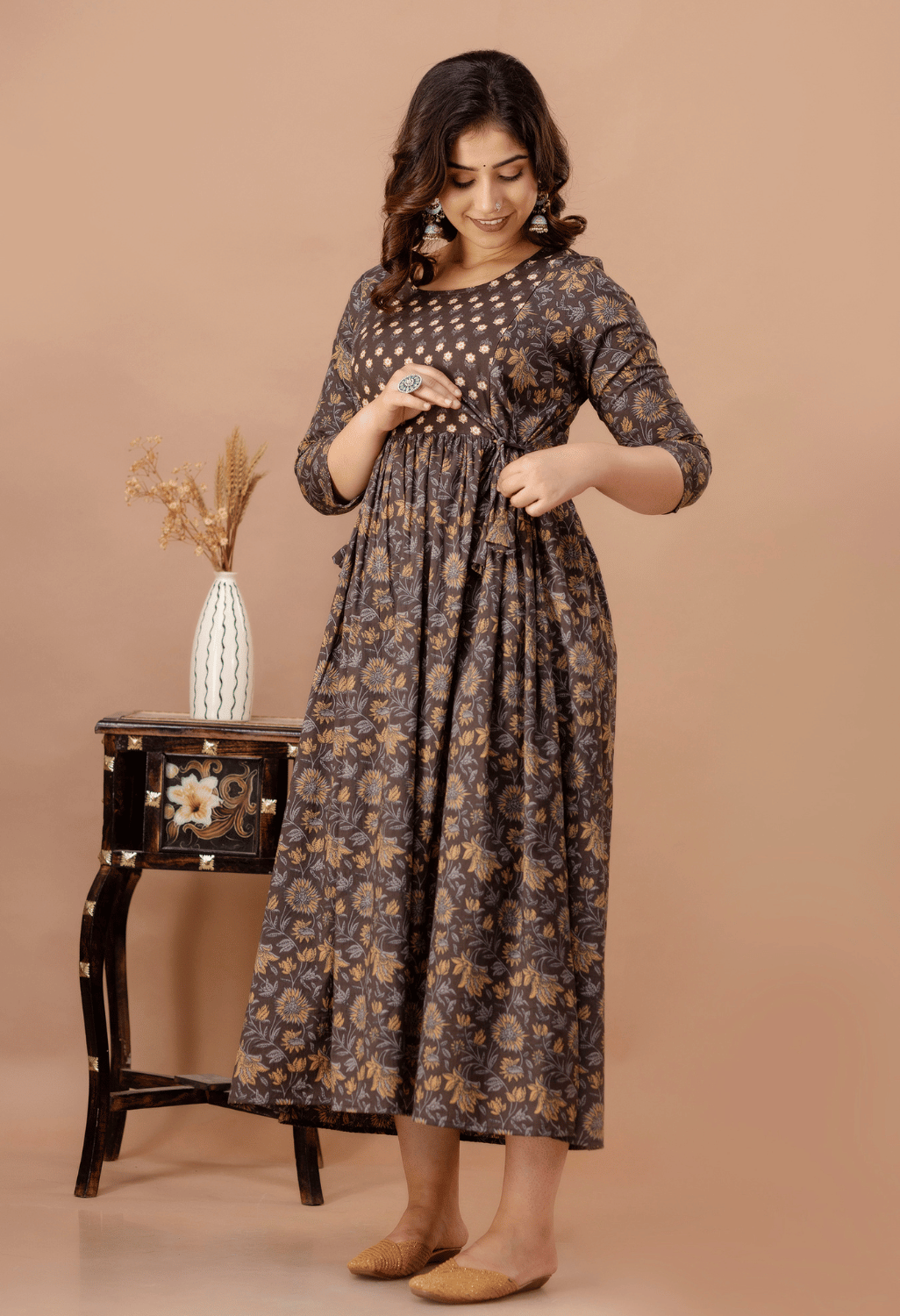 Coffee Brown Floral Printed Viscose Rayon Maternity & Feeding Maxi Dress