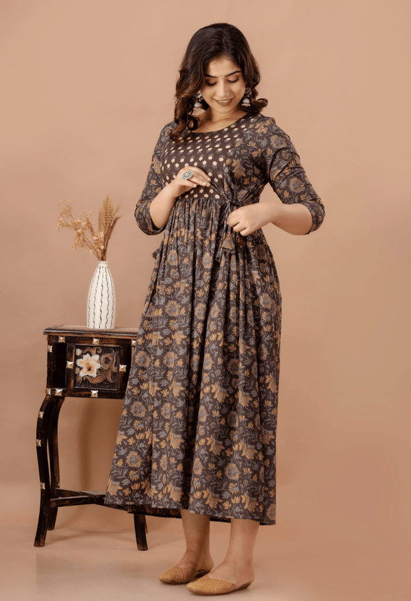 Coffee Brown Floral Printed Viscose Rayon Maternity & Feeding Maxi Dress
