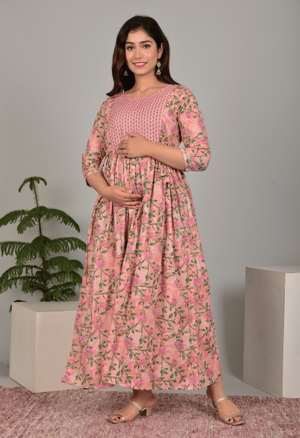 Peach Floral Printed Viscose Rayon Maternity & Feeding Maxi Dress Main image