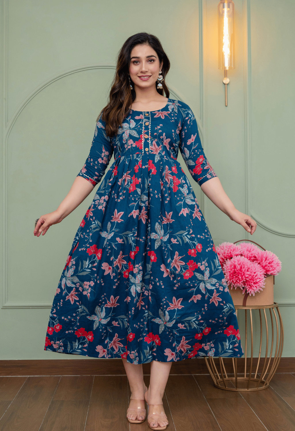 Navy Blue Botanical Floral Printed Viscose Rayon Maternity & Feeding Maxi Dress