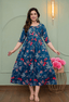 Navy Blue Botanical Floral Printed Viscose Rayon Maternity & Feeding Maxi Dress