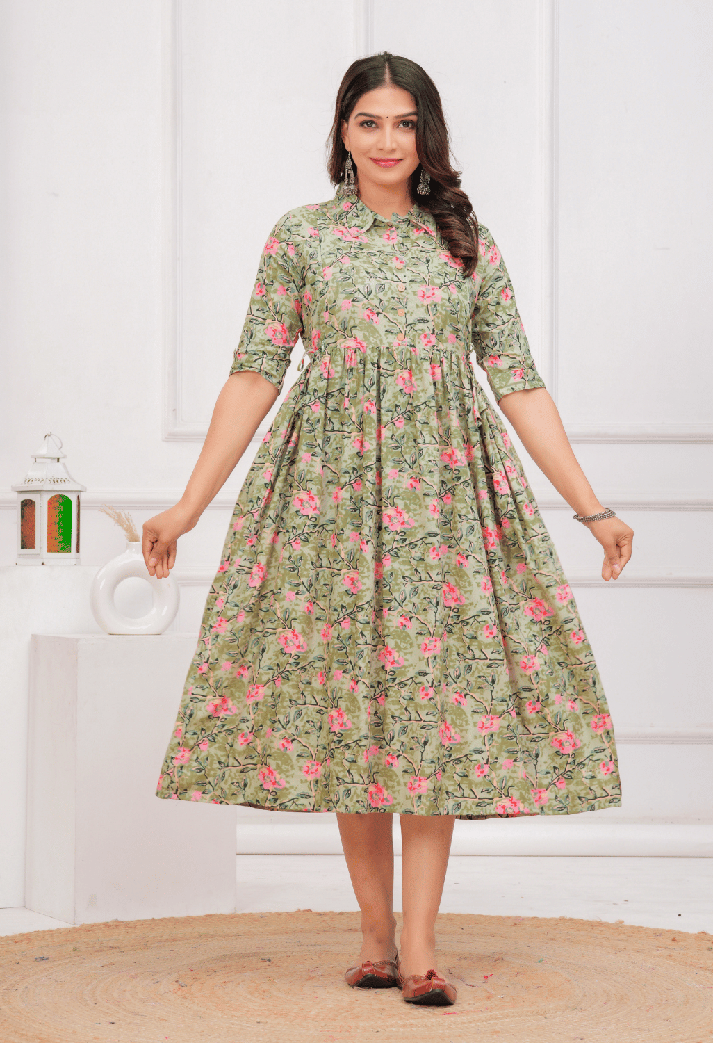 Olive Green Floral Printed Collared Viscose Rayon Maternity & Feeding Midi Dress Main image