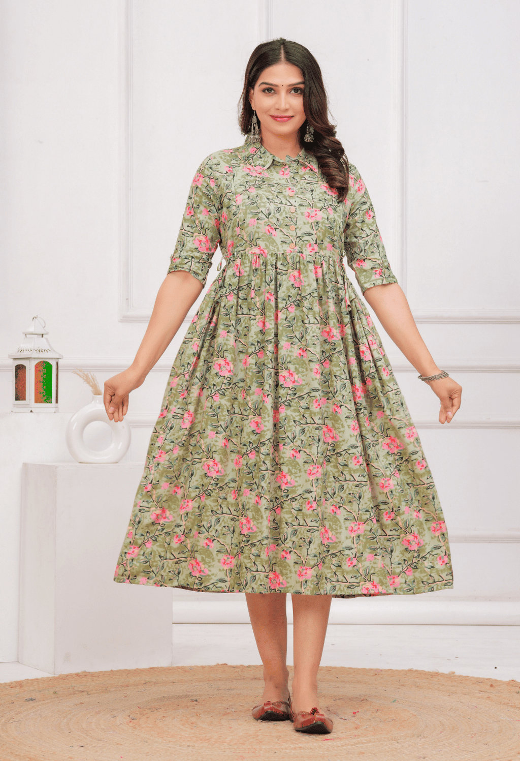 Olive Green Floral Printed Collared Viscose Rayon Maternity & Feeding Midi Dress