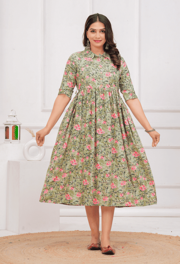 Olive Green Floral Printed Collared Viscose Rayon Maternity & Feeding Midi Dress