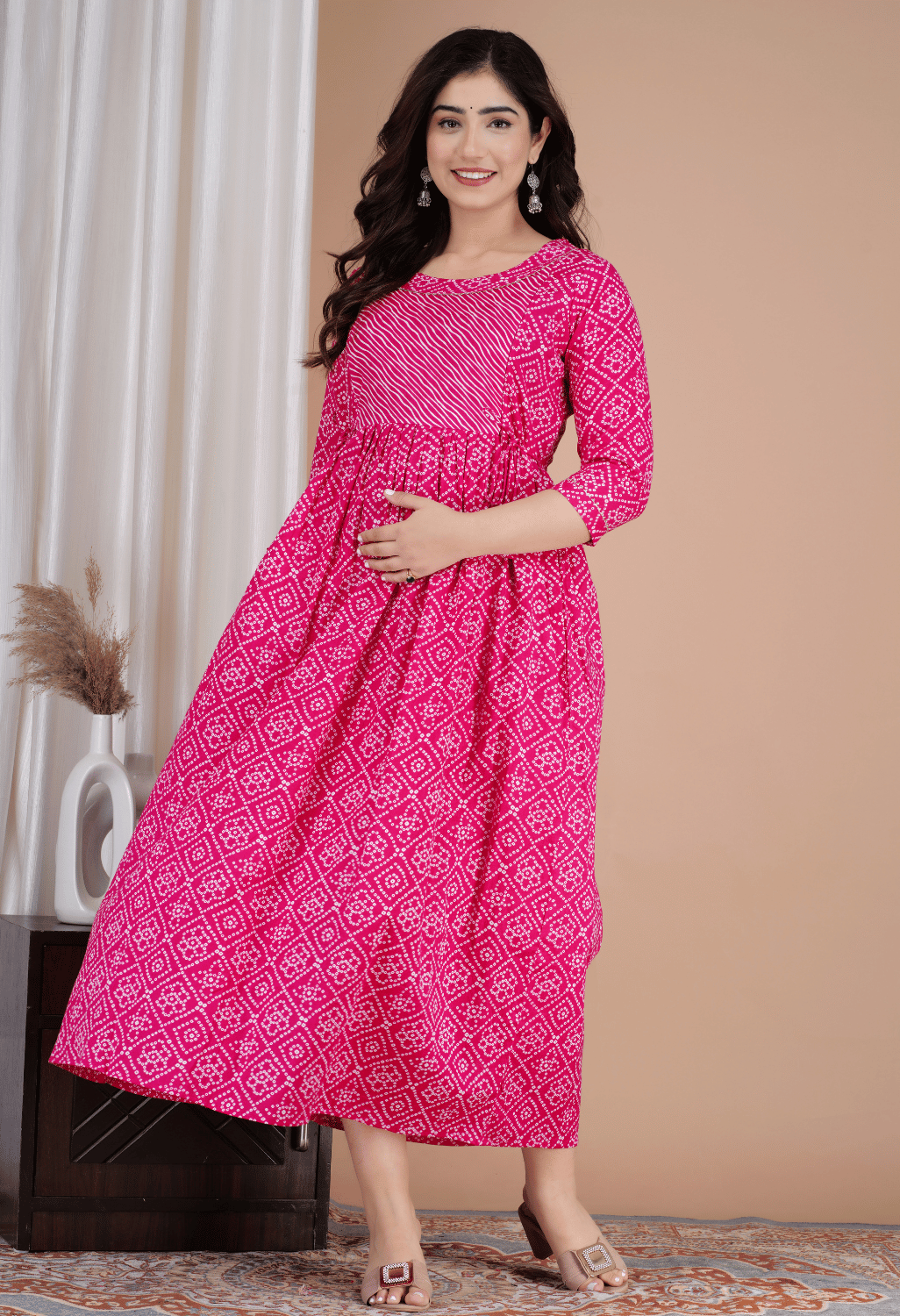 Pink Bandhani Printed Viscose Rayon Maternity & Feeding Maxi Dress Secondary image