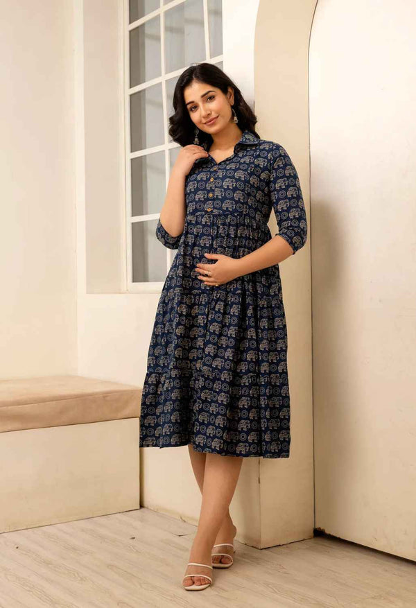Navy Blue Elephant Printed Collared Viscose Rayon Maternity & Feeding Midi Dress