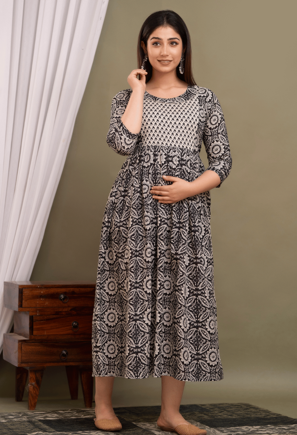 Black Floral Printed Viscose Rayon Maternity & Feeding Maxi Dress Secondary image