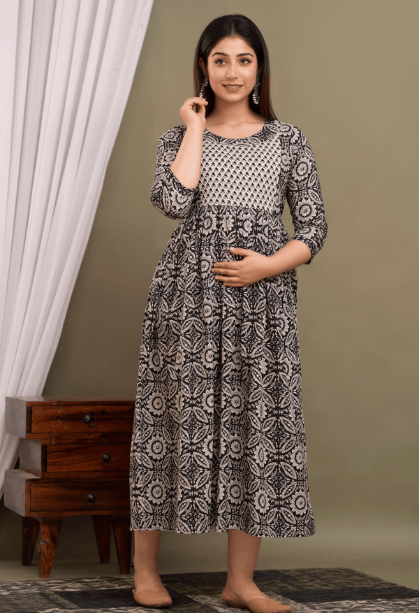 Black Floral Printed Viscose Rayon Maternity & Feeding Maxi Dress