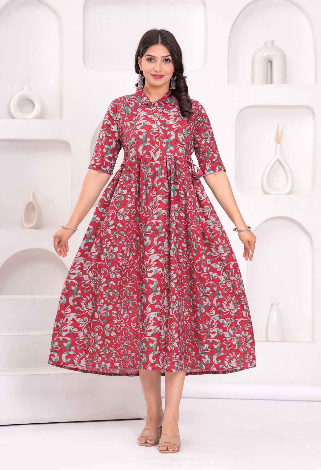 Rose Pink Floral Printed Collared Viscose Rayon Maternity & Feeding Midi Dress