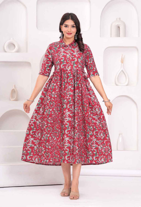 Rose Pink Floral Printed Collared Viscose Rayon Maternity & Feeding Midi Dress