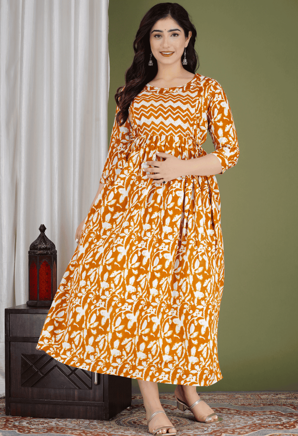 Orange & White Abstract Printed Viscose Rayon Maternity & Feeding Midi Dress