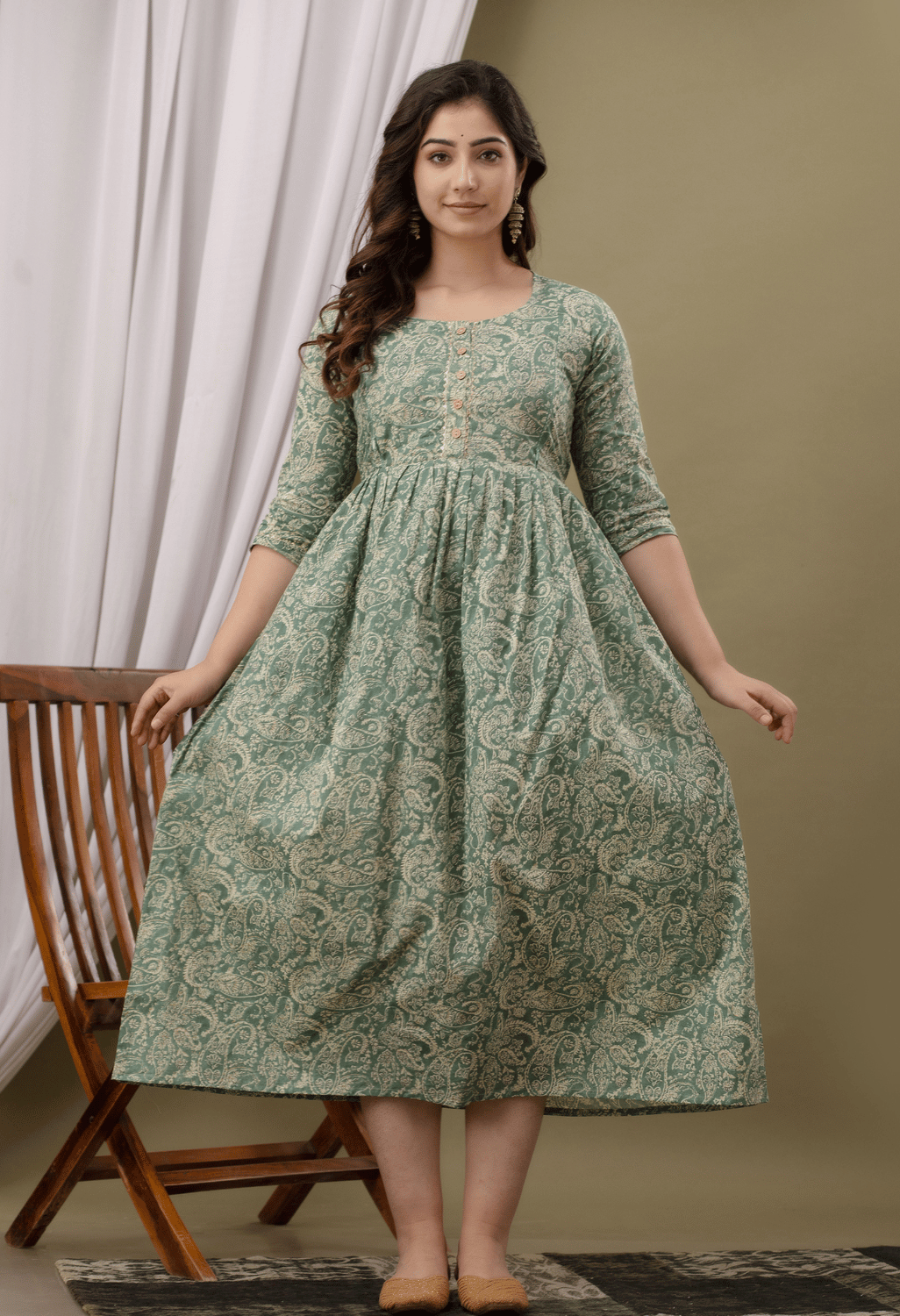 Sage Green Paisley Printed Viscose Rayon Maternity & Feeding Maxi Dress Secondary image
