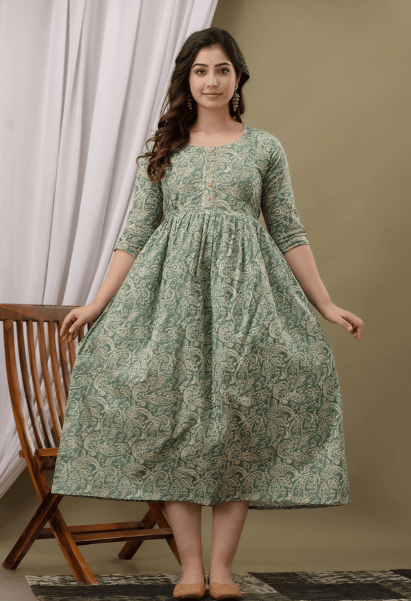 Sage Green Paisley Printed Viscose Rayon Maternity & Feeding Maxi Dress