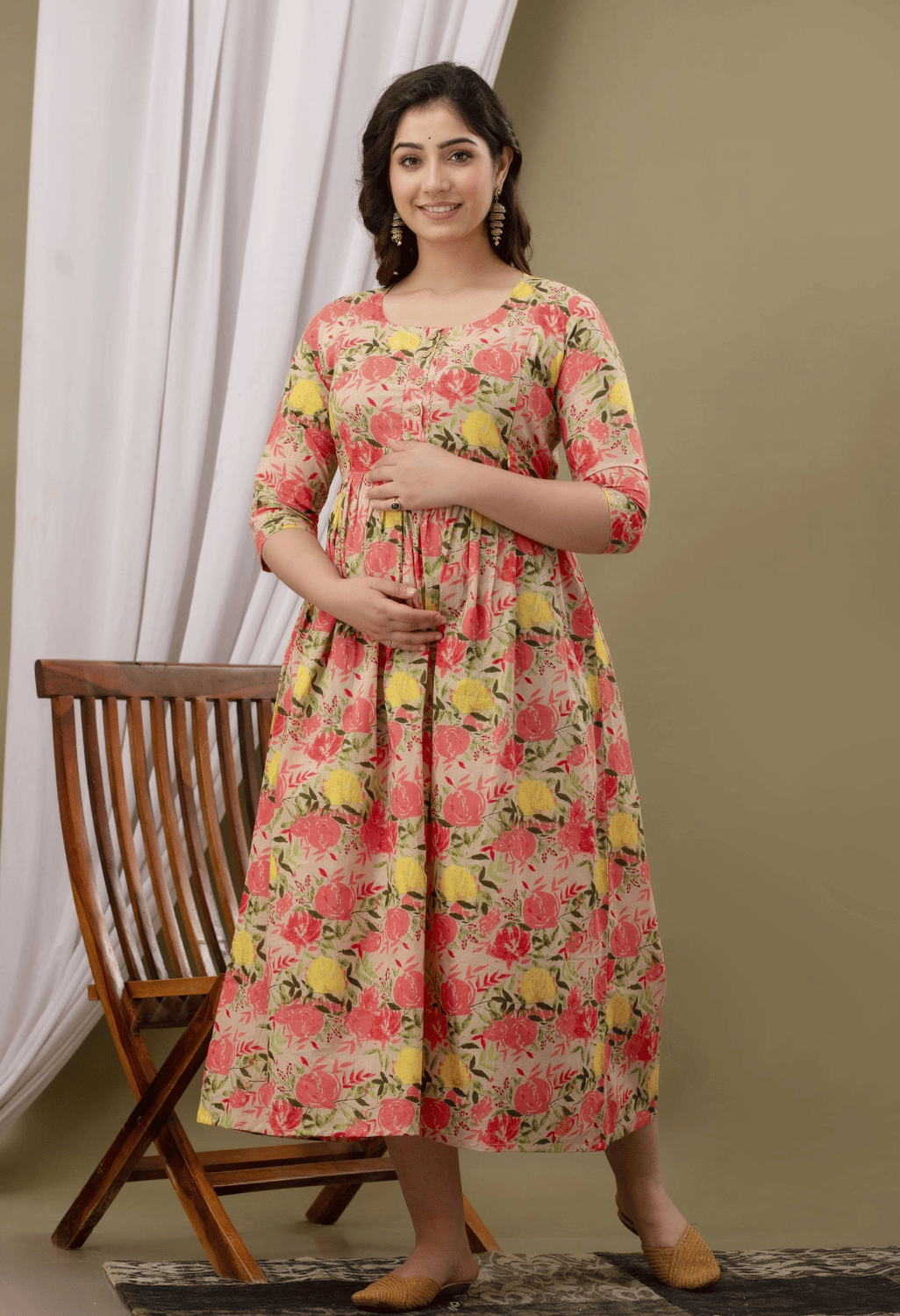 Beige Floral Printed Viscose Rayon Maternity & Feeding Maxi Dress