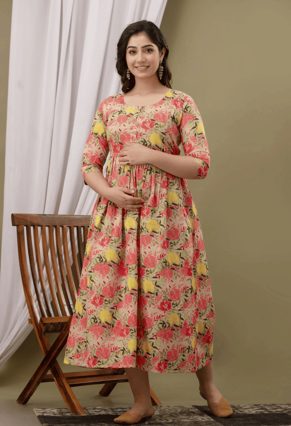 Beige Floral Printed Viscose Rayon Maternity & Feeding Maxi Dress