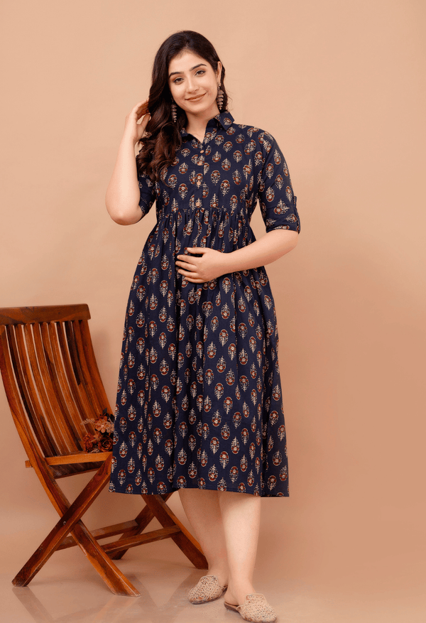 Navy Blue Buta Printed Collared Viscose Rayon Maternity & Feeding Midi Dress