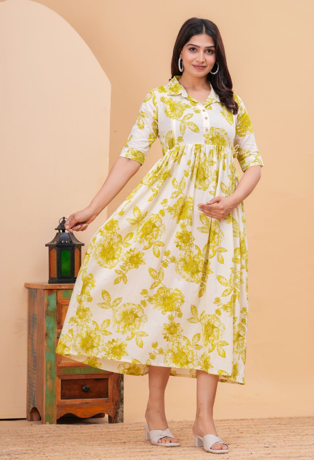 White & Mustard Floral Printed Collared Viscose Rayon Maternity & Feeding Midi Dress