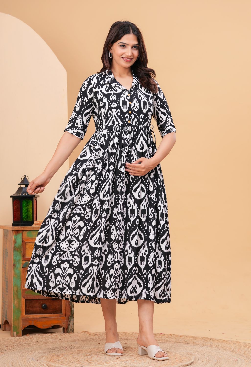 Black Ikat Printed Collared Viscose Rayon Maternity & Feeding Midi Dress Main image