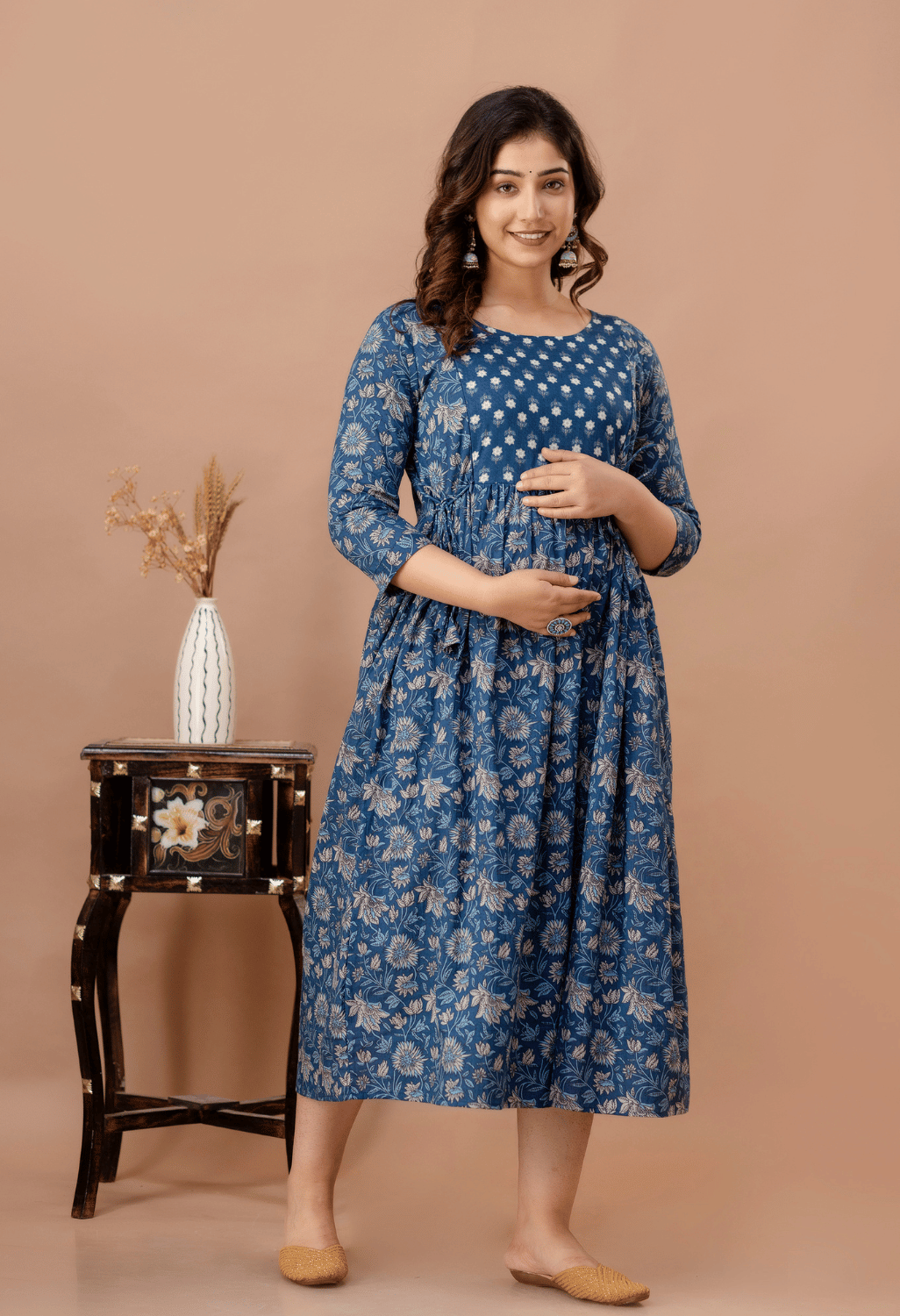 Dusty Blue Floral Printed Viscose Rayon Maternity & Feeding Maxi Dress Main image