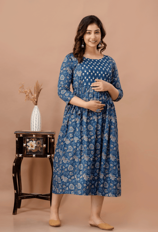 Dusty Blue Floral Printed Viscose Rayon Maternity & Feeding Maxi Dress