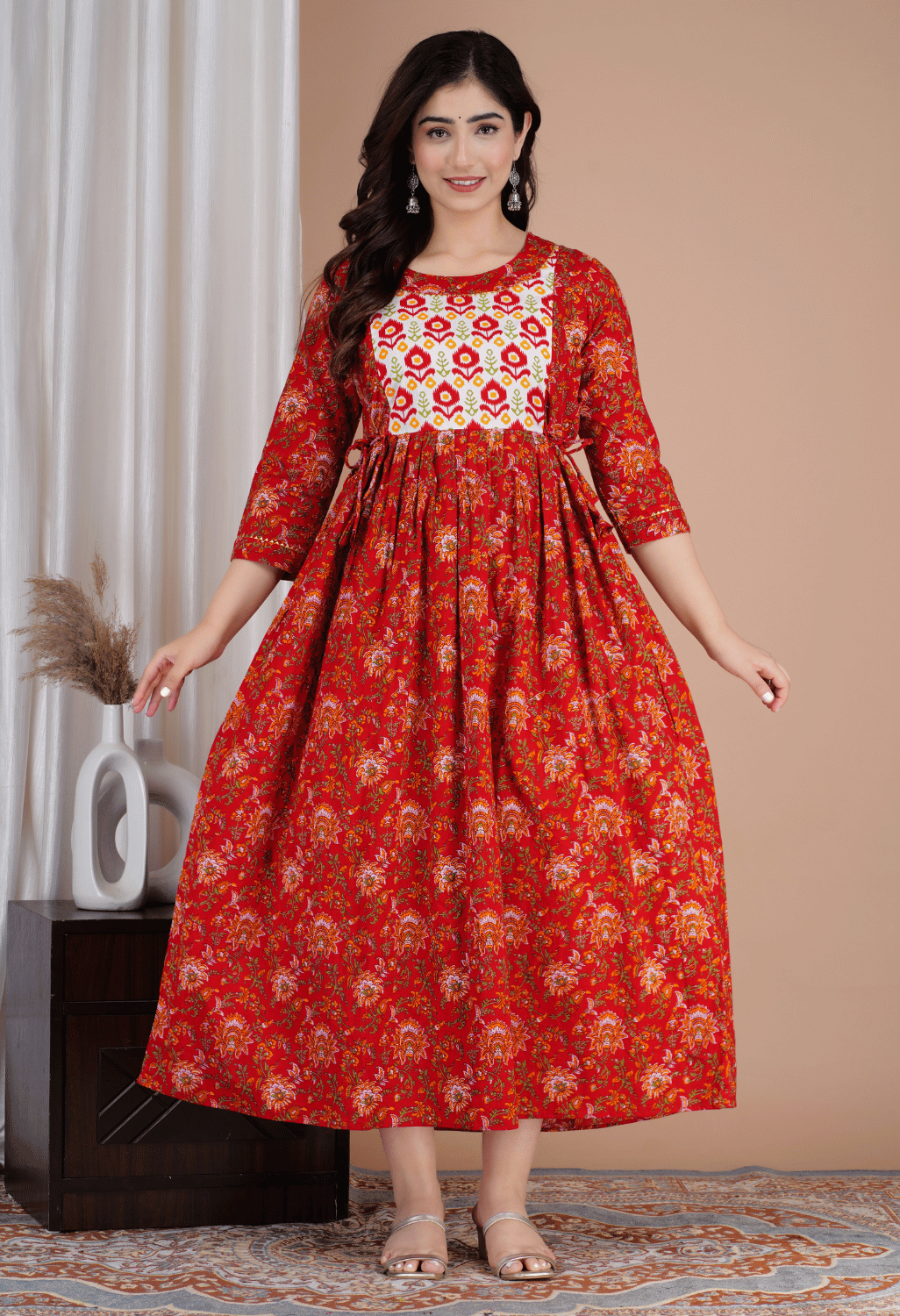 Rust Red Floral Printed Viscose Rayon Maternity & Feeding Maxi Dress