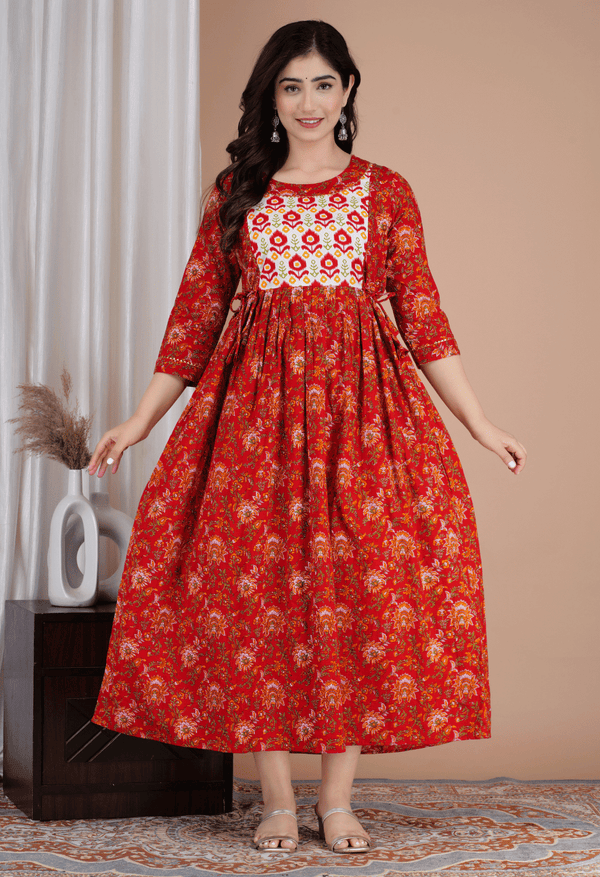 Rust Red Floral Printed Viscose Rayon Maternity & Feeding Maxi Dress