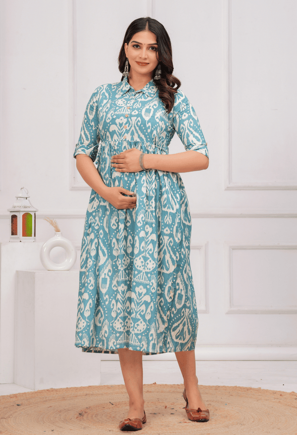 Sky Blue Ikat Printed Collared Viscose Rayon Maternity & Feeding Midi Dress