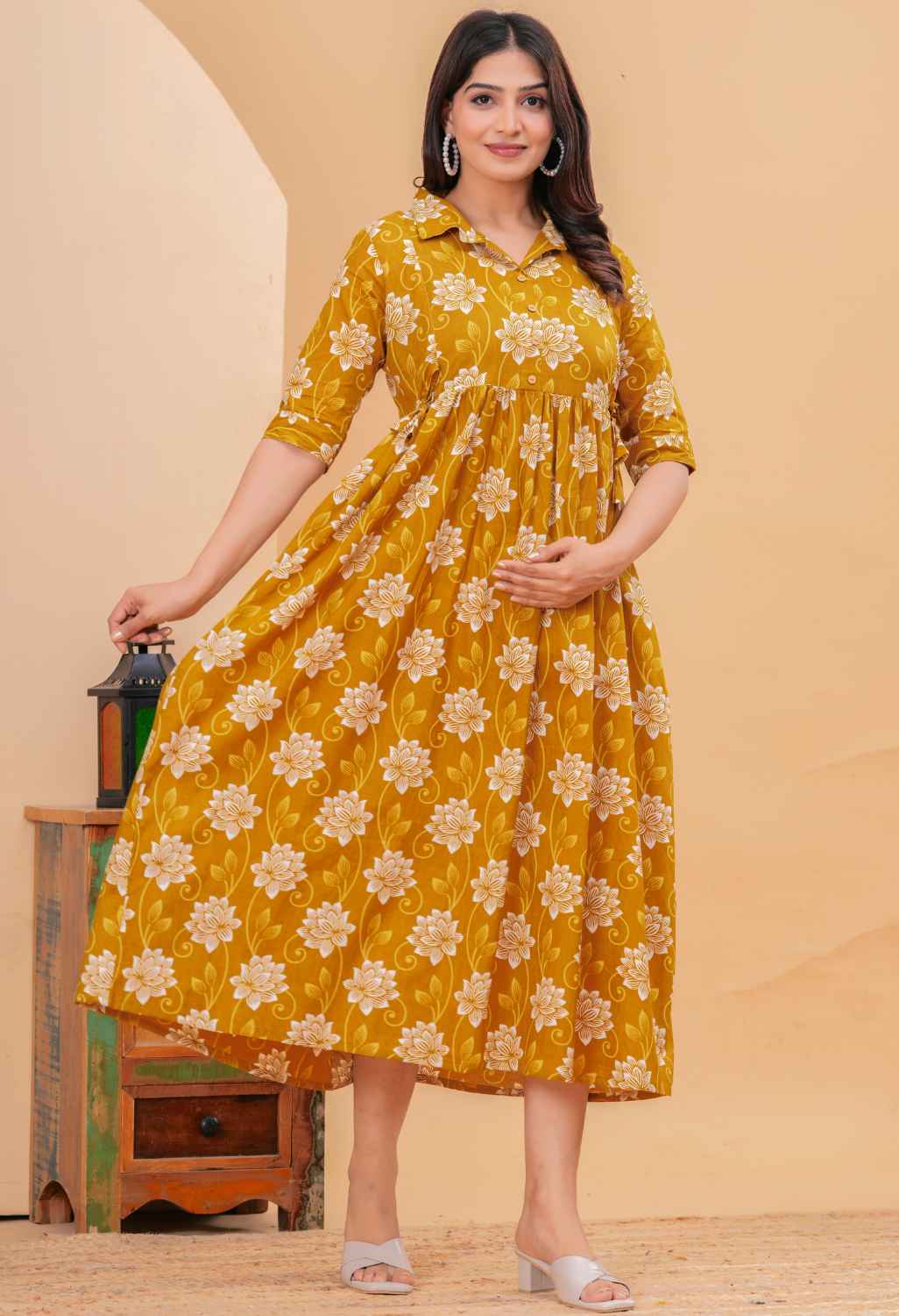 Mustard Floral Printed Collared Viscose Rayon Maternity & Feeding Midi Dress Main image