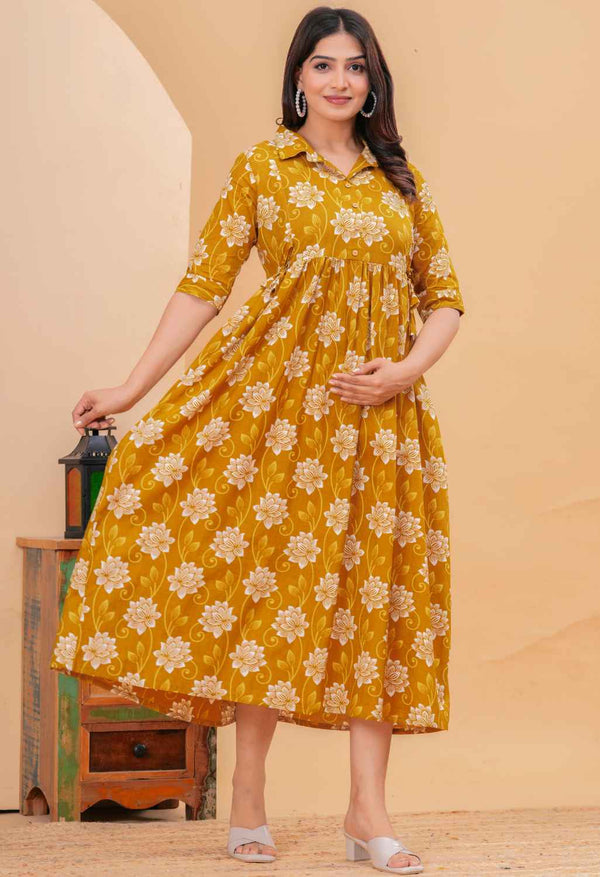 Mustard Floral Printed Collared Viscose Rayon Maternity & Feeding Midi Dress