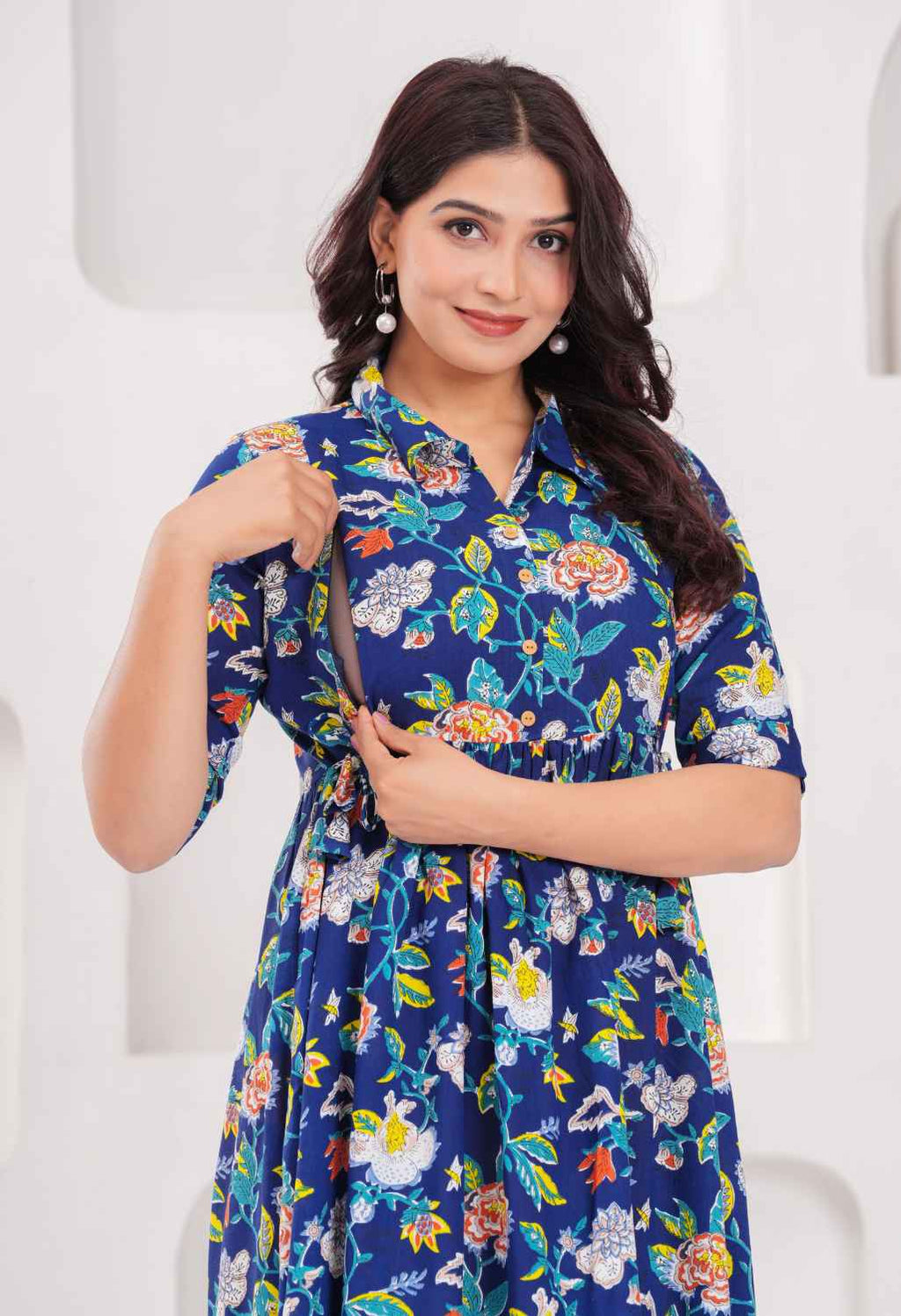 Navy Blue Floral Printed Collared Viscose Rayon Maternity & Feeding Midi Dress