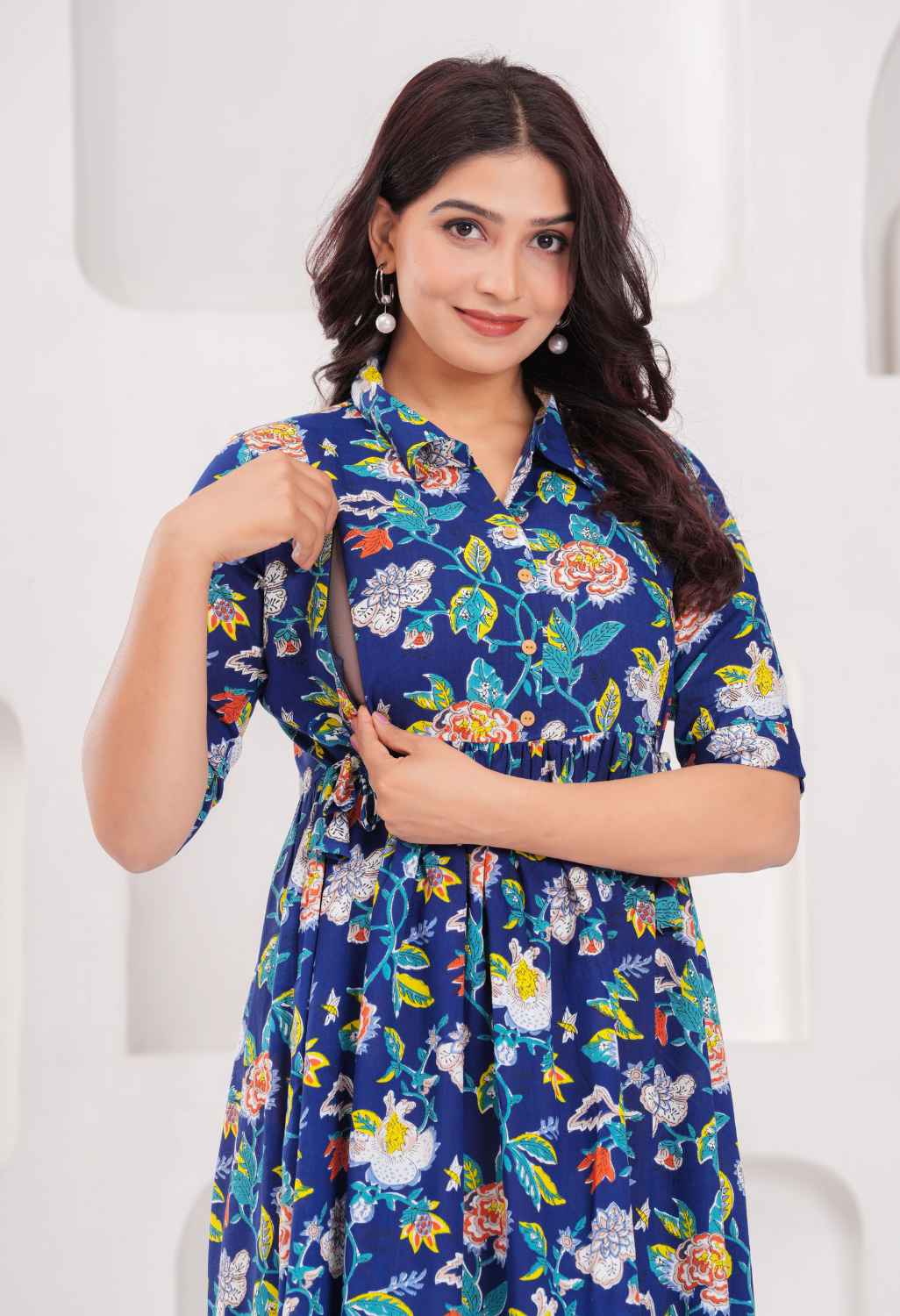 Navy Blue Floral Printed Collared Viscose Rayon Maternity & Feeding Midi Dress
