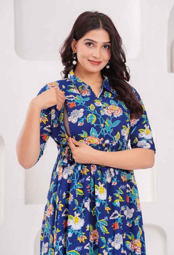Navy Blue Floral Printed Collared Viscose Rayon Maternity & Feeding Midi Dress
