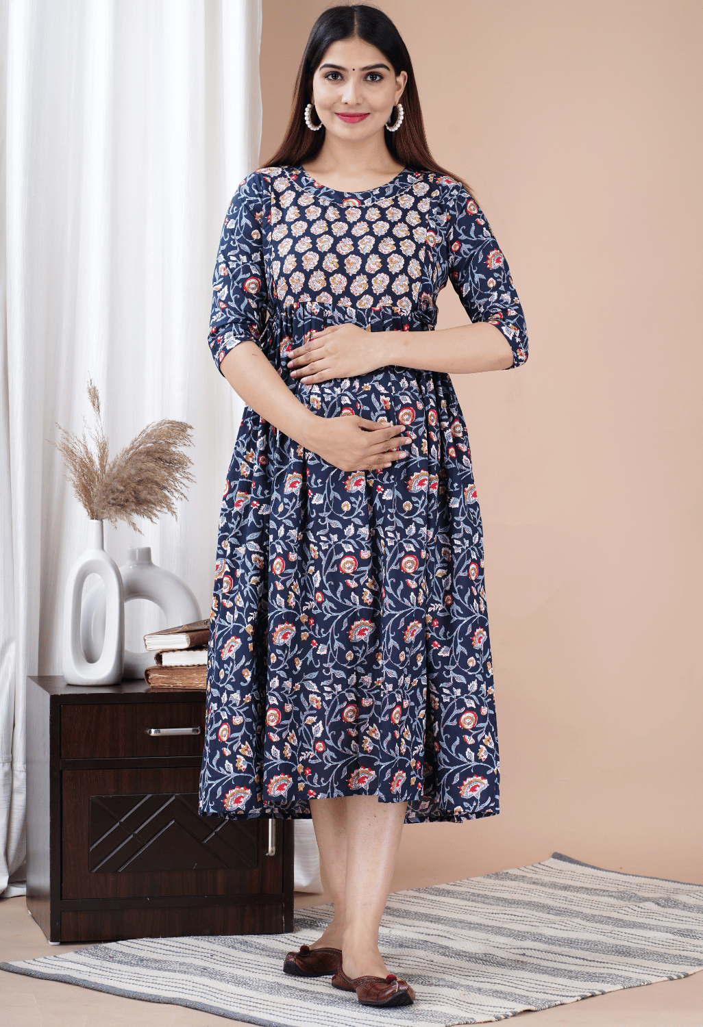 Navy Blue Floral Printed Viscose Rayon Maternity & Feeding Midi Dress