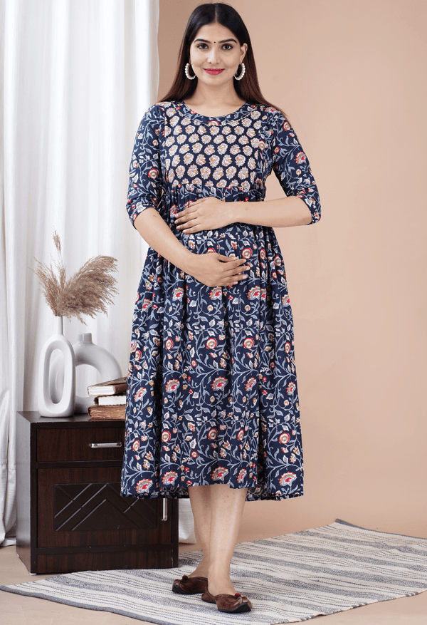 Navy Blue Floral Printed Viscose Rayon Maternity & Feeding Midi Dress