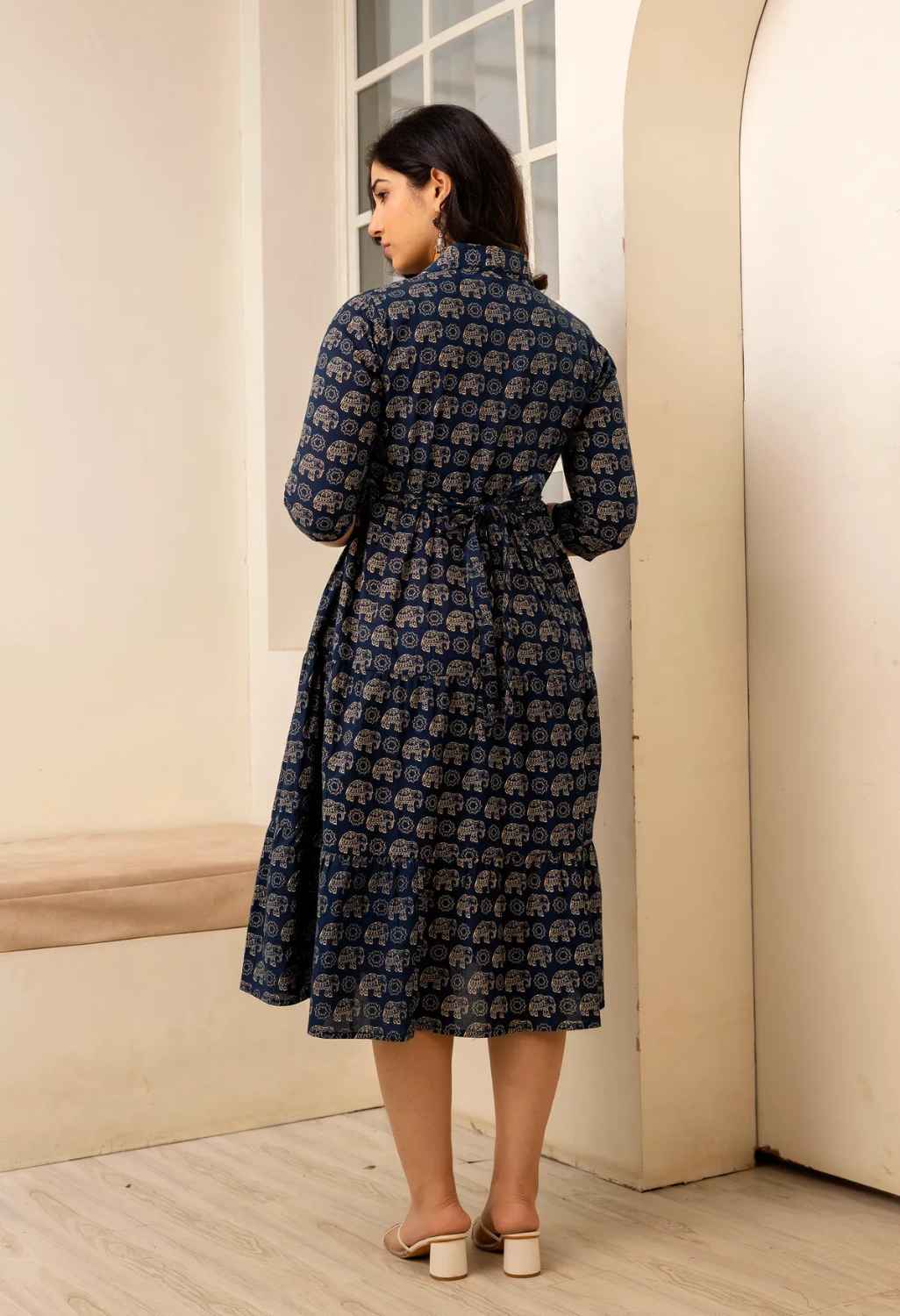 Navy Blue Elephant Printed Collared Viscose Rayon Maternity & Feeding Midi Dress