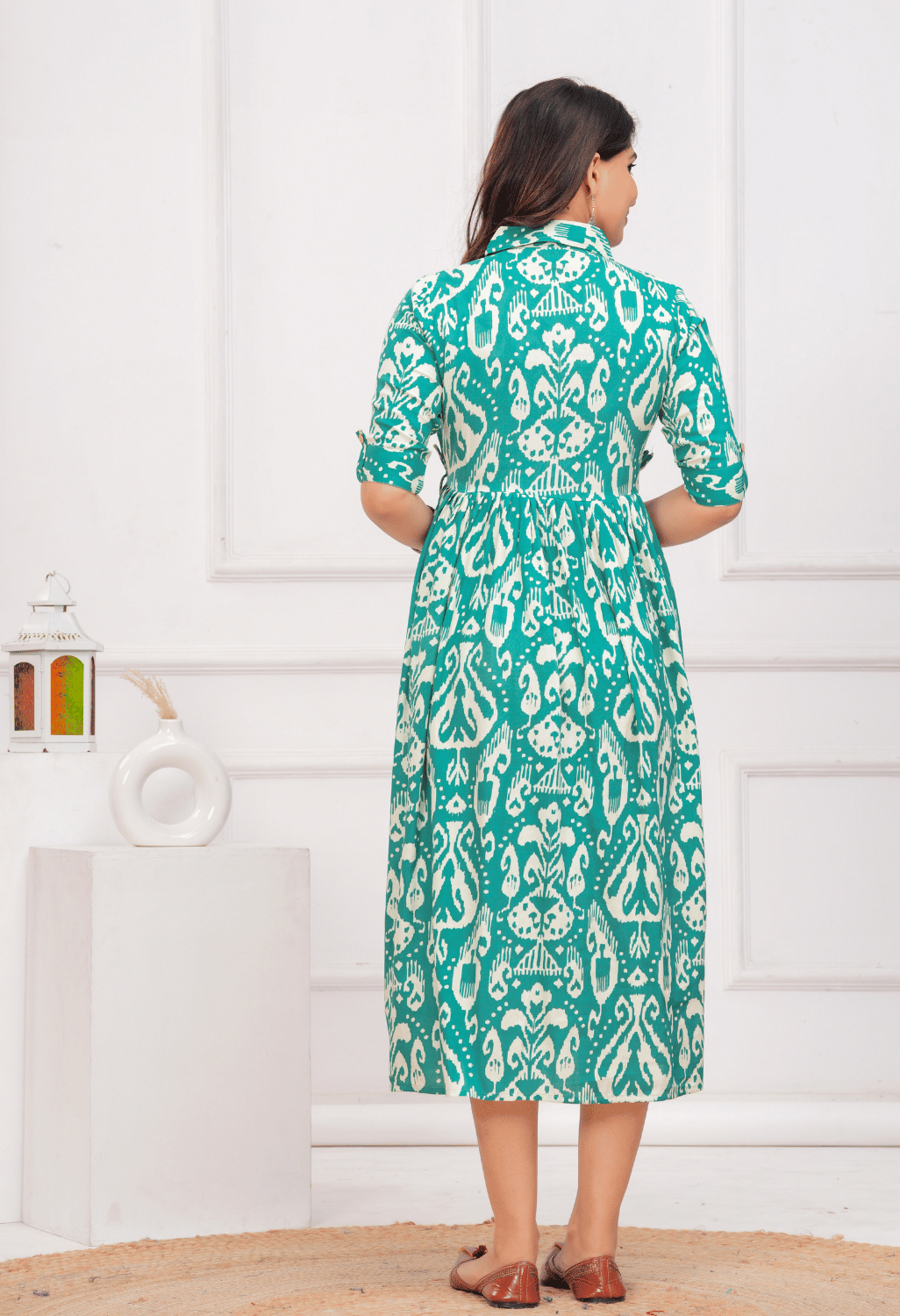 Teal Green Ikat Printed Collared Viscose Rayon Maternity & Feeding Midi Dress