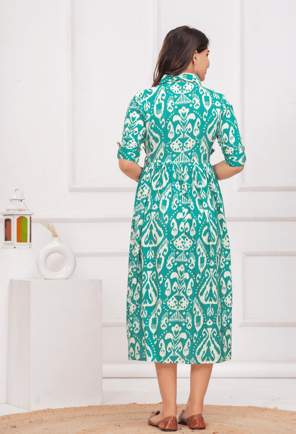 Teal Green Ikat Printed Collared Viscose Rayon Maternity & Feeding Midi Dress