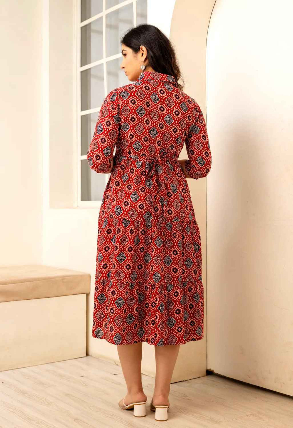 Maroon Geometric Printed Collared Viscose Rayon Maternity & Feeding Midi Dress