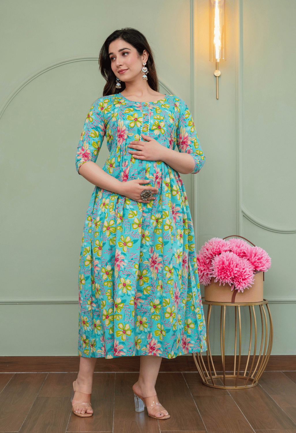 Sky Blue Floral Printed Viscose Rayon Maternity & Feeding Maxi Dress Secondary image
