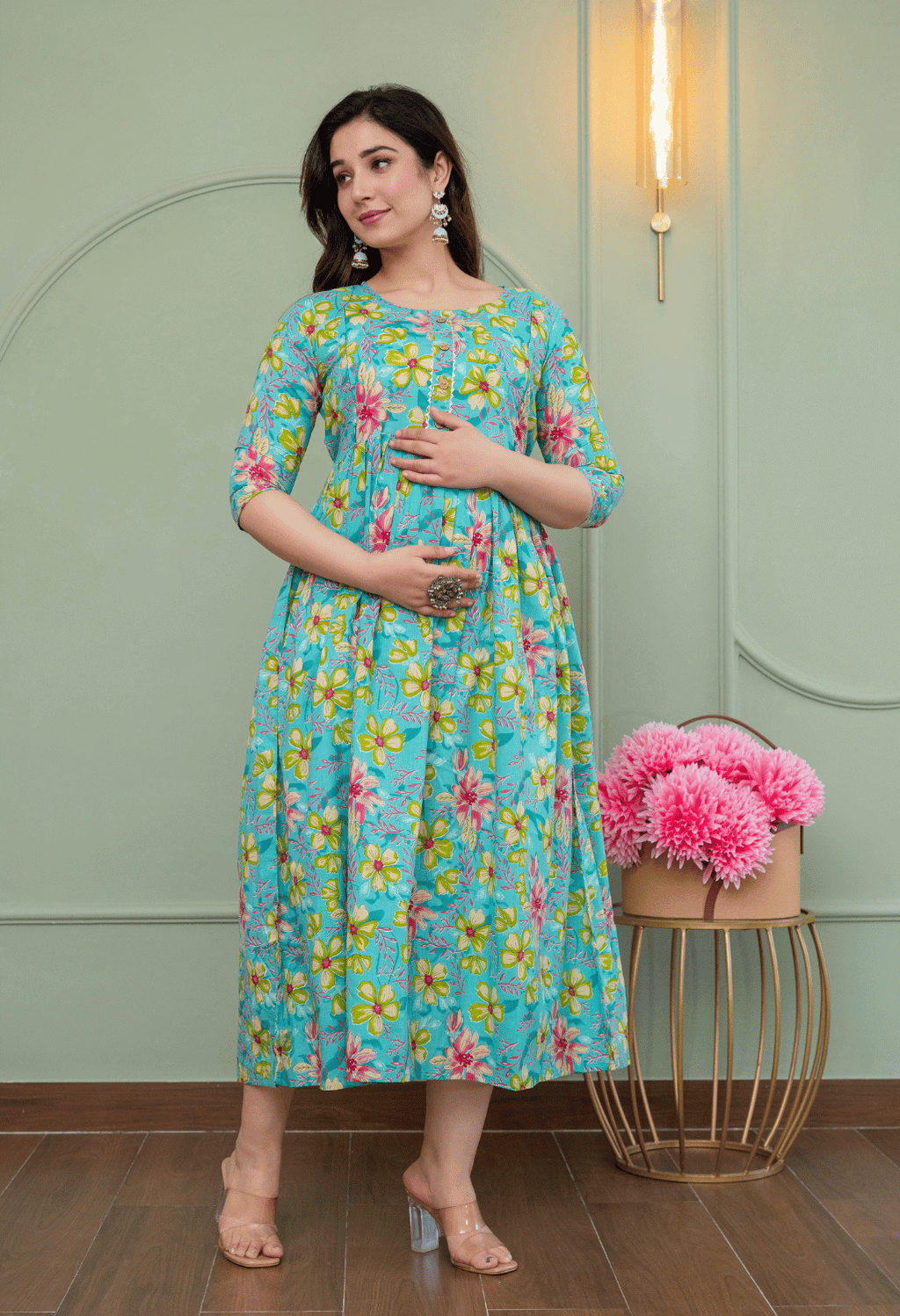 Sky Blue Floral Printed Viscose Rayon Maternity & Feeding Maxi Dress