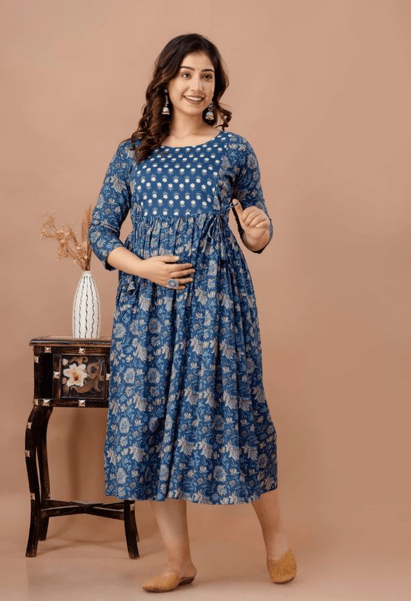 Dusty Blue Floral Printed Viscose Rayon Maternity & Feeding Maxi Dress