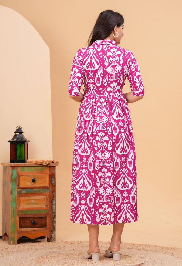 Pink Ikat Printed Collared Viscose Rayon Maternity & Feeding Midi Dress