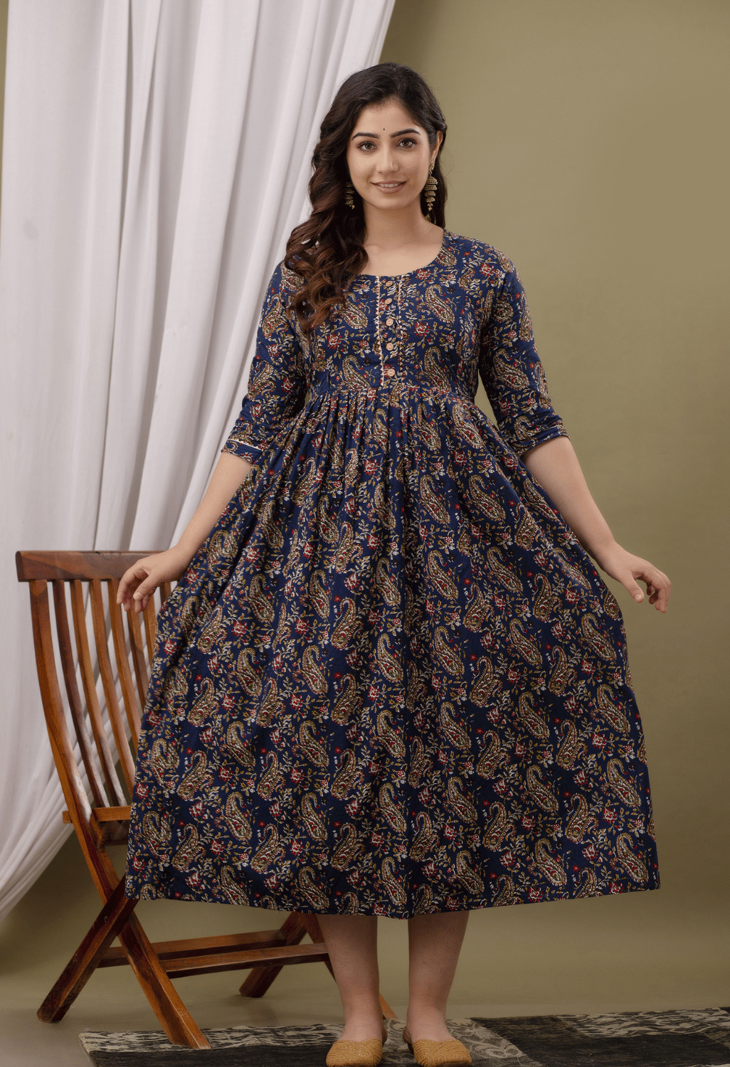 Navy Blue Paisley Printed Viscose Rayon Maternity & Feeding Maxi Dress Main image