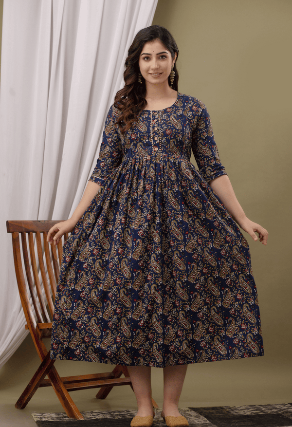 Navy Blue Paisley Printed Viscose Rayon Maternity & Feeding Maxi Dress