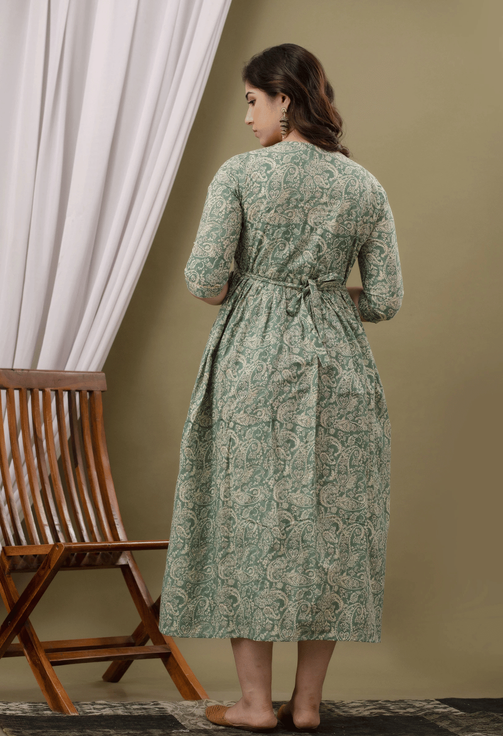 Sage Green Paisley Printed Viscose Rayon Maternity & Feeding Maxi Dress