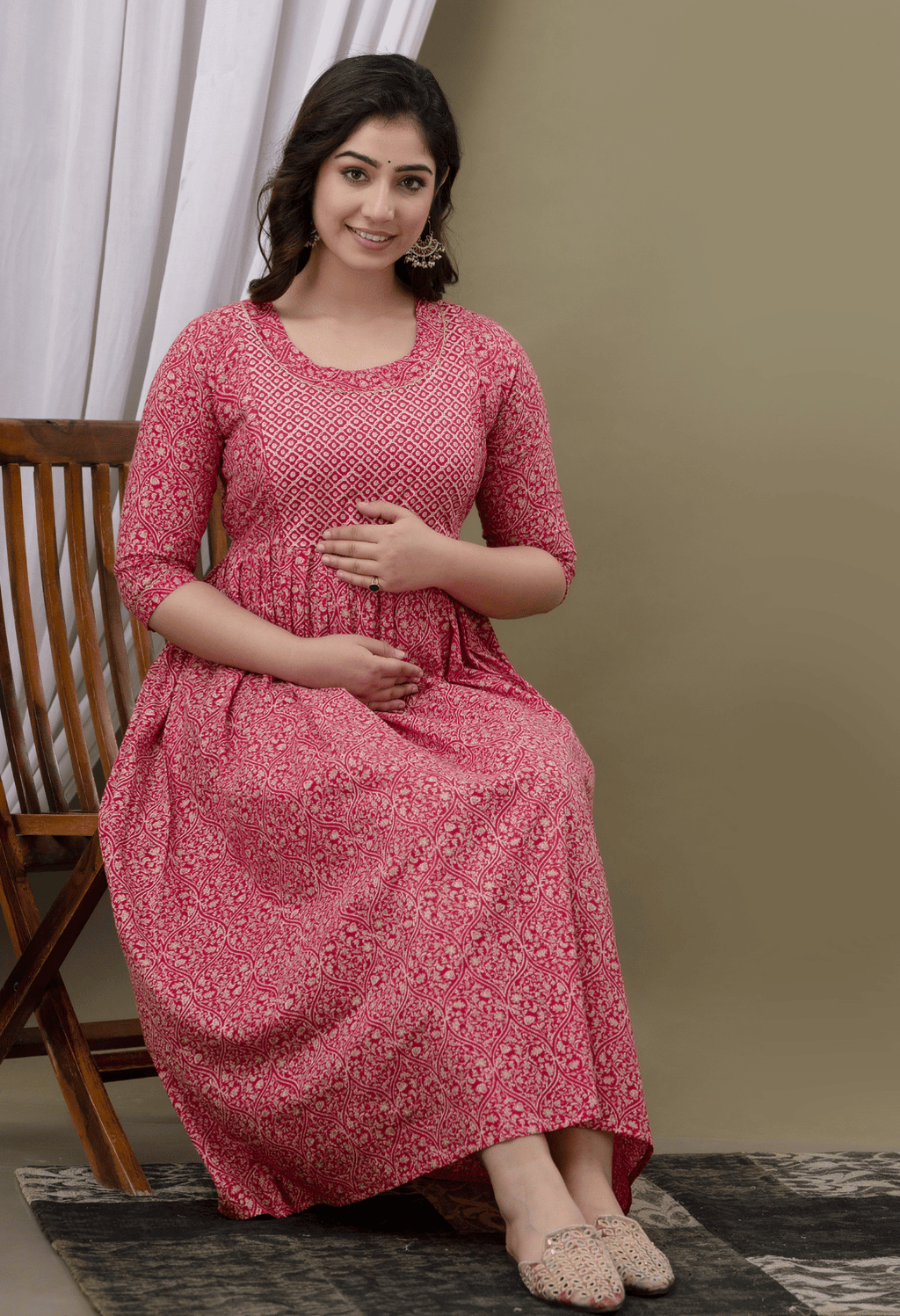 Rose Pink Printed Viscose Rayon Maternity & Feeding Maxi Dress