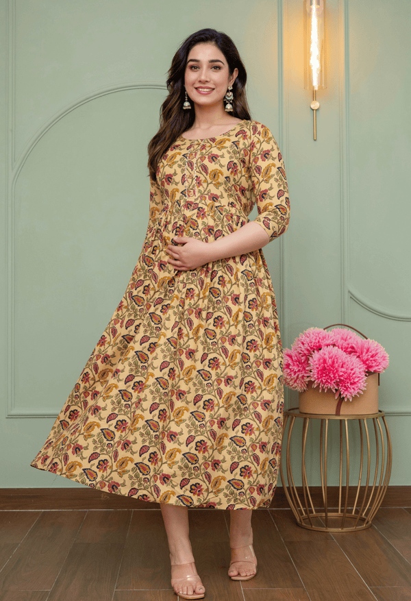 Beige Paisley Floral Printed Viscose Rayon Maternity & Feeding Maxi Dress