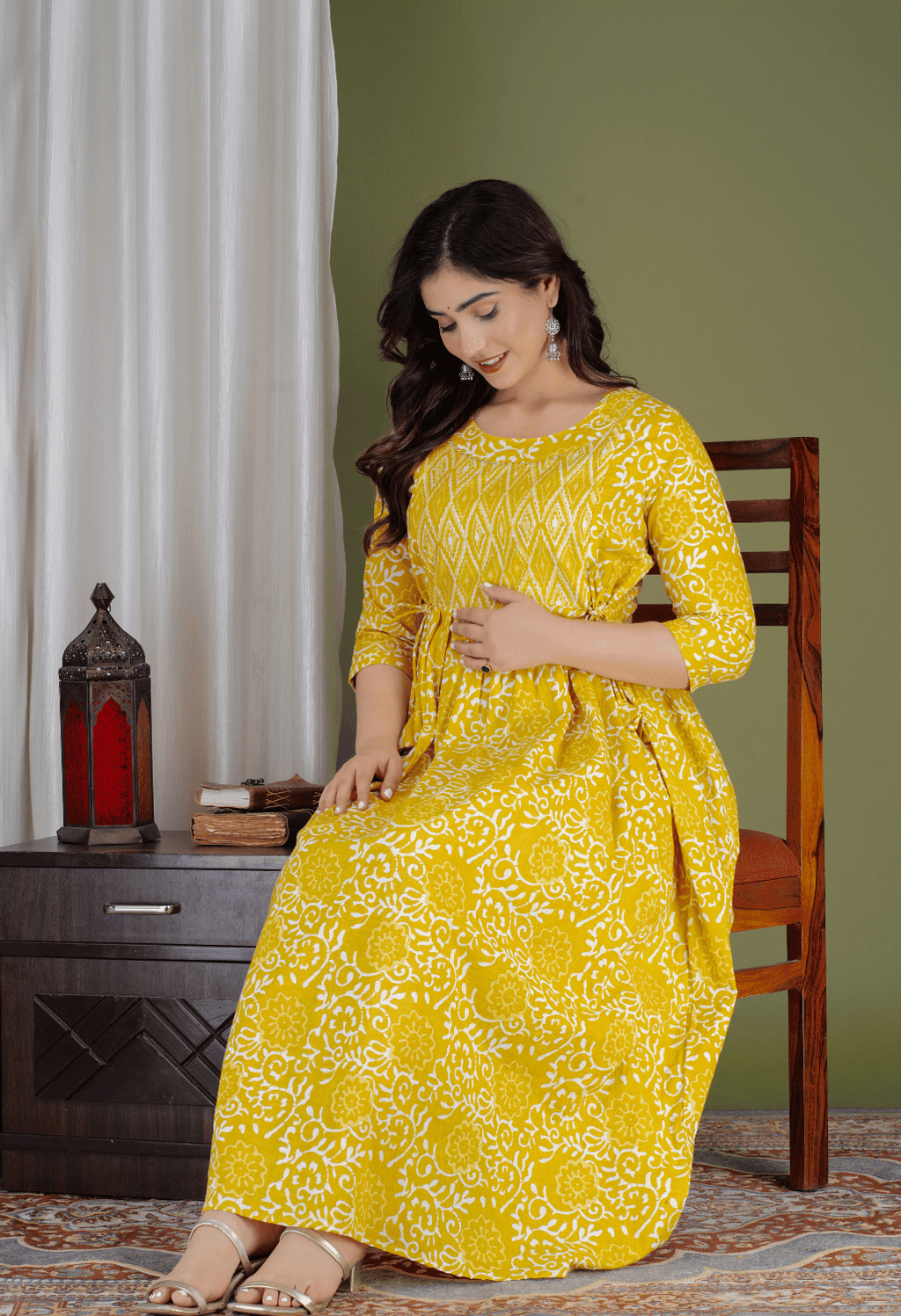 Mustard Yellow Floral Printed Viscose Rayon Maternity & Feeding Maxi Dress