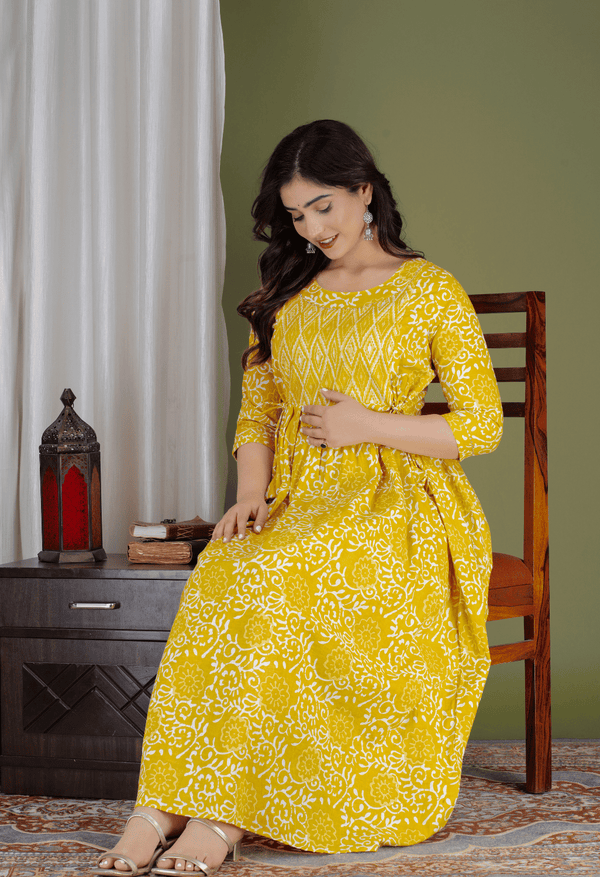 Mustard Yellow Floral Printed Viscose Rayon Maternity & Feeding Maxi Dress